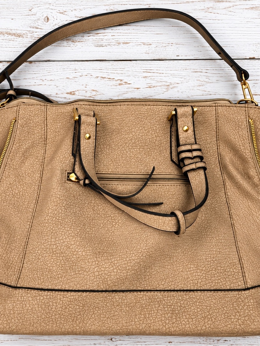 Tan Women's Tote Bag with Gold Hardware